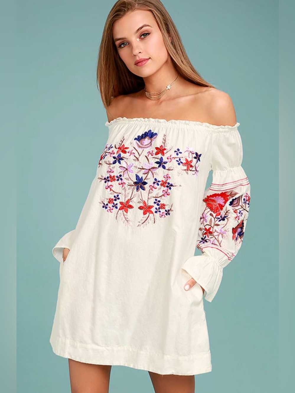 Free People ‘Fleur Du Jour’ Embroidered Off-Shoulder Shift‎ Dress 100% Cotton L